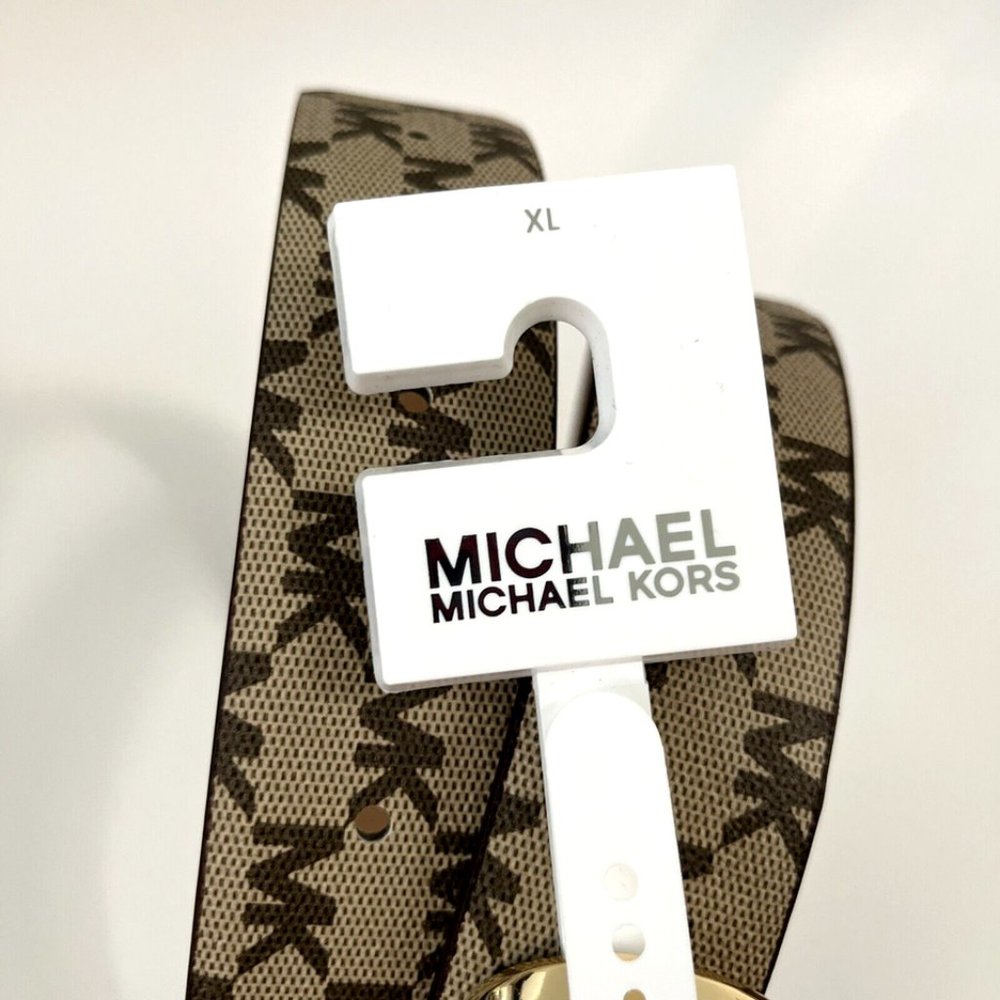 NWT Original MICHAEL KORS Signature Brown Beige Gold Belt 556196C Logo Brand - Picture 6 of 8